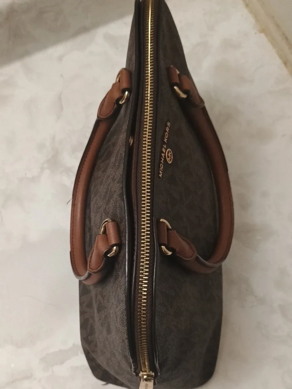 Michael Kors Brown Monogram Dome Satchel with Tan Trim